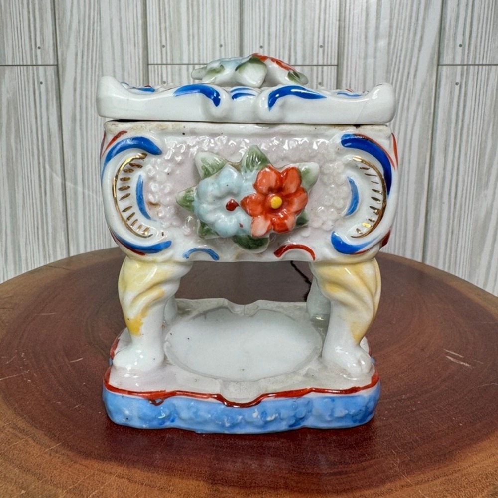 Vintage Japan Ceramic Cigarette Box Ashtray Set 3D Floral Hand Painted Gold Gilt